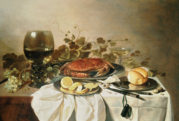 Breakfast still life with roemer and a crab de Pieter Claesz
