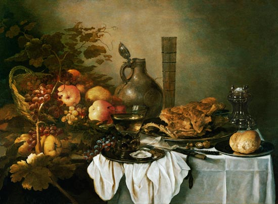 A Still Life With A Roemer, Oysters, A Roll And Meat On Pewter Plates, Fruit In And Around A Basket, de Pieter Claesz