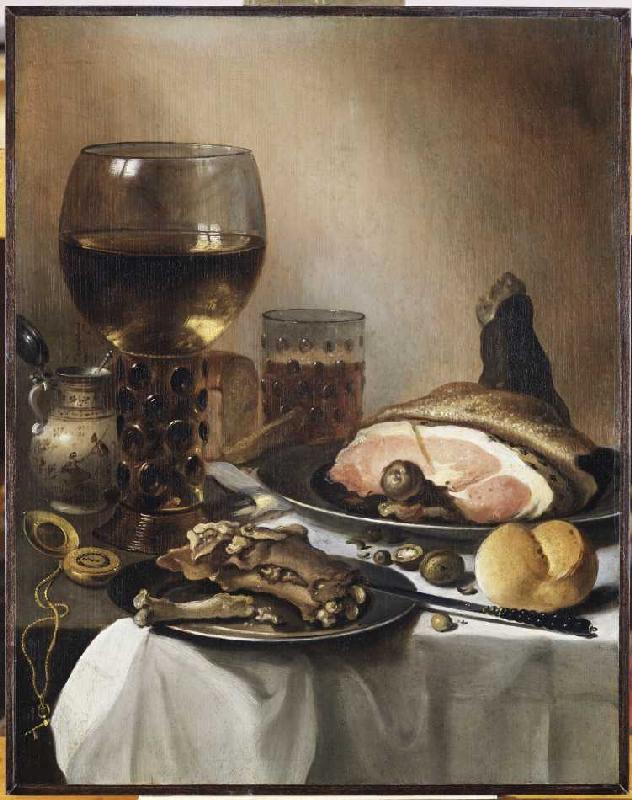 Stillleben mit einem Römer, Schinken, Fleisch und einer goldenen Taschenuhr de Pieter Claesz