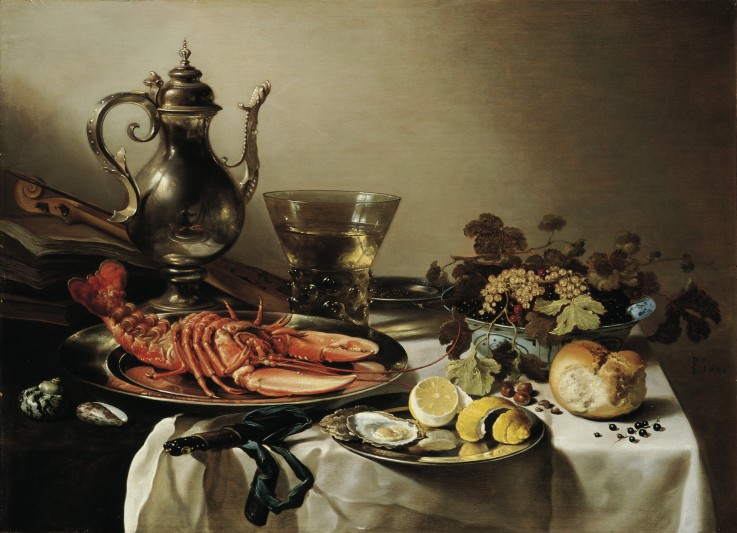 Table with lobster, silver jug, big Berkemeyer, fruit bowl, violin and books de Pieter Claesz