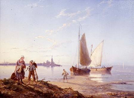 Fishing Boats off the Shore de Pieter Cornelis Dommerson