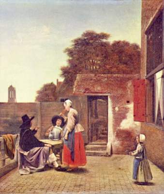 Court with two officers and drinking woman de Pieter de Hooch