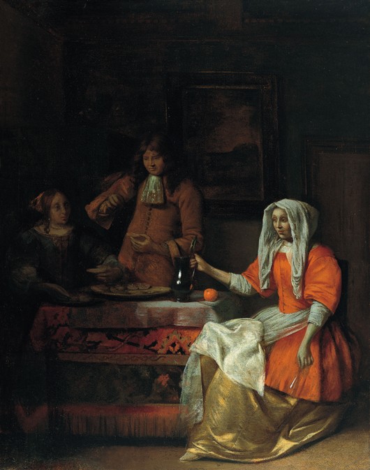 Interior with Two Women and a Man Drinking and Eating Oysters de Pieter de Hooch