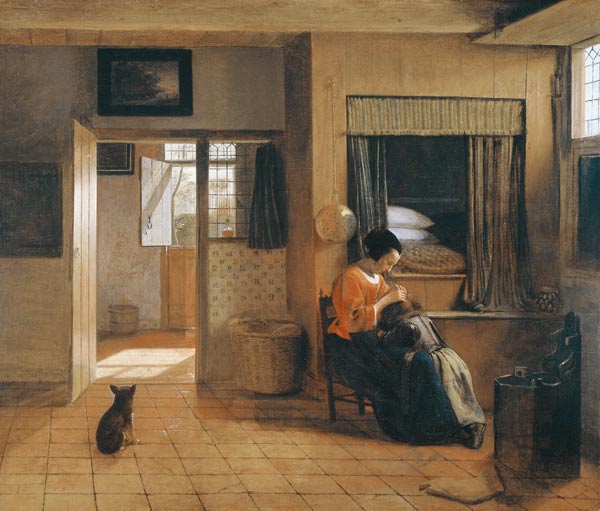 Mutterpflichten (Interieur mit Mutter, die Haare ihres Kindes nach Läusen absuchend) de Pieter de Hooch
