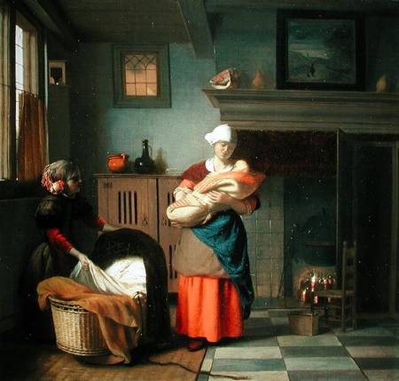 Nursemaid with baby in an interior and a young girl preparing the cradle de Pieter de Hooch