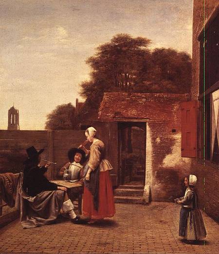 Two Soldiers and a Woman Drinking in a Courtyard de Pieter de Hooch