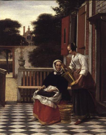 Woman and Maid with a pail in a courtyard de Pieter de Hooch