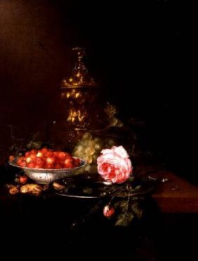 Still Life with a Bowl of Strawberries and a Rose