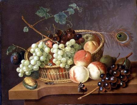 Still Life of Grapes and Peaches in a basket de Pieter Gerardus van Os