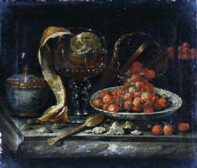 Still Life of Chinese Blue and White Bowl and Cover, Glass Roemer, Gold Spoon and Fruit