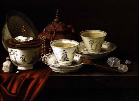 A Yixing Teapot and a Chinese Porcelain Tete-a-Tete on a Partly Draped Ledge de Pieter Gerritsz. van Roestraten