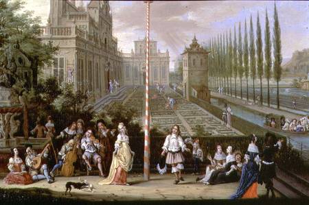 Detail of elegant figures playing musical instruments around a maypole  (detail of 82407) de Pieter Gysels