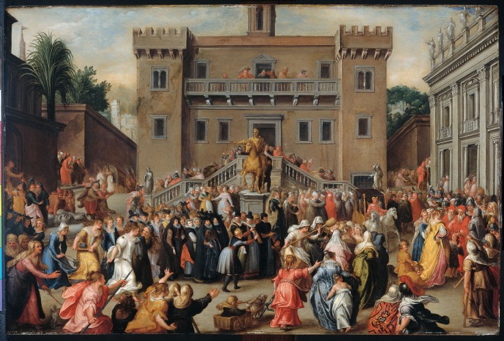 The inertia of the Roman women at the Capitol in Rome after the occurrence of the small Papirius de Pieter Isaacsz