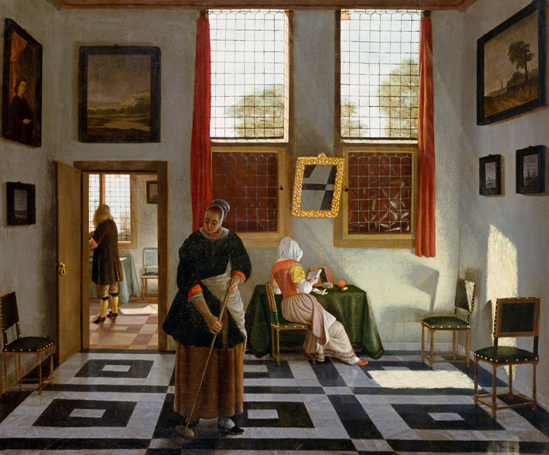 Interior with Painter, Woman Reading and Maid Sweeping de Pieter Janssens