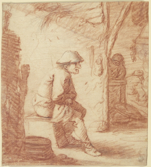 Sitzender Mann, Aussicht auf Küche mit zwei Figuren de Pieter Jansz. Quast