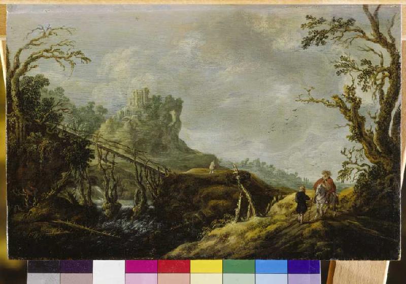 Flusslandschaft mit Holzbrücke und Ruine de Pieter Jansz. van Asch