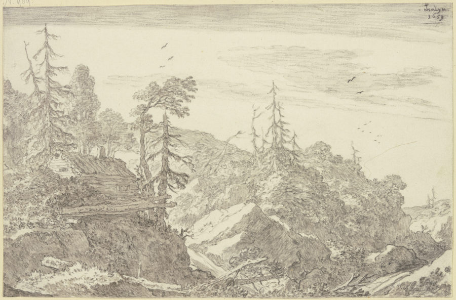 Felsige Gebirgsgegend mit Tannen, links auf einem Felsen ein Holzhaus de Pieter Molyn d. Ä.