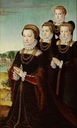 Die Frau des Stifters Anselm Boetius, Johanna Voet, mit drei Töchtern de Pieter Pourbus
