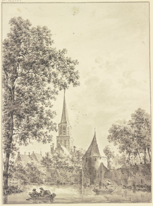 Wassergraben an der Stadtmauer mit einem runden Turm, hinten die Kirche, auf demselben zwei Kähne de Pieter van Liender