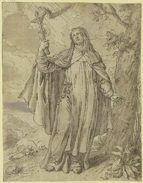 Eine heilige Nonne hält das Kruzifix in der Hand, der Heilige Geist schwebt über ihr, rechts ein Bau