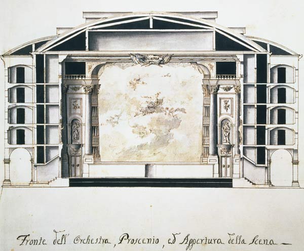 Cross section view of a theatre on the Grand Canal showing the stage and orchestra de Pietro Bianchi