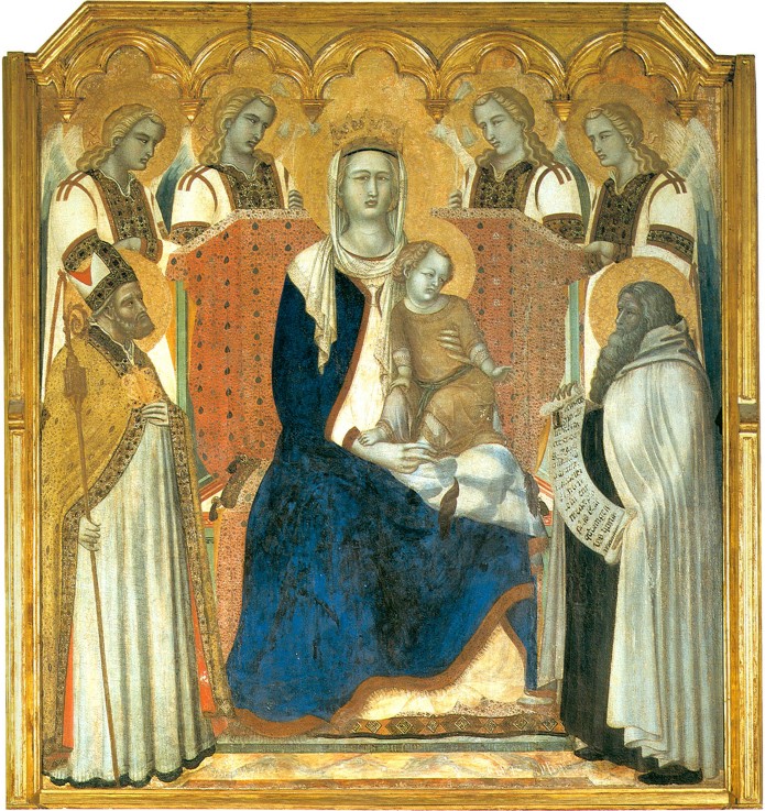 Madonna and Child Enthroned between Saint Nicholas and Prophet Elijah (Madonna del Carmine) de Pietro Lorenzetti