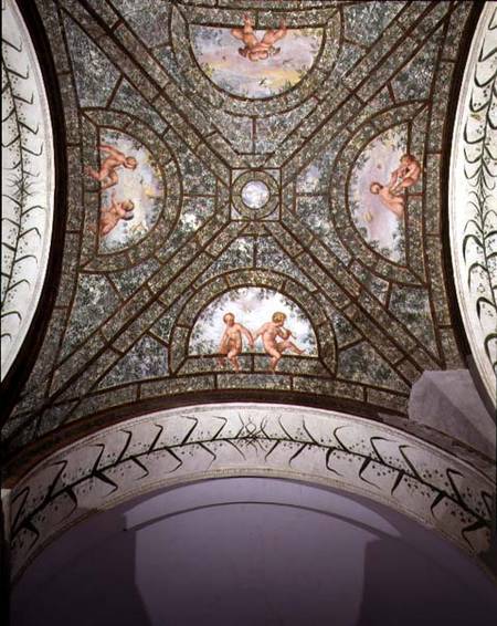 The semicircular ionic portico, detail of the ceiling vault decorated with putti in a garden de Pietro Venale