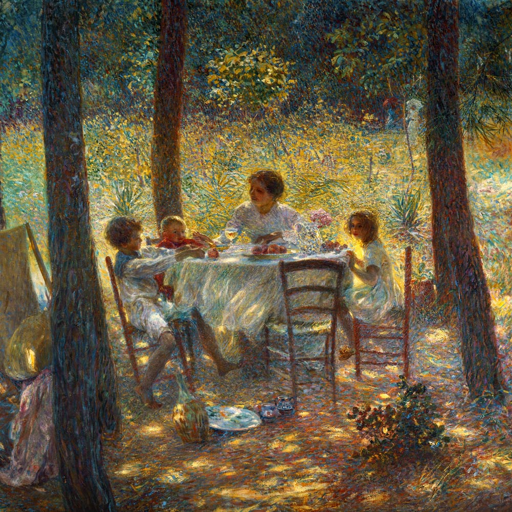 Mutter mit Kindern, mittags am Gartentisch de Plinio Nomellini