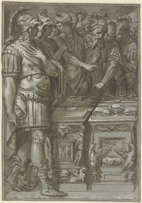 Alexander der Große mit vielen Personen bei zwei Altären stehend de Polidoro da Caravaggio