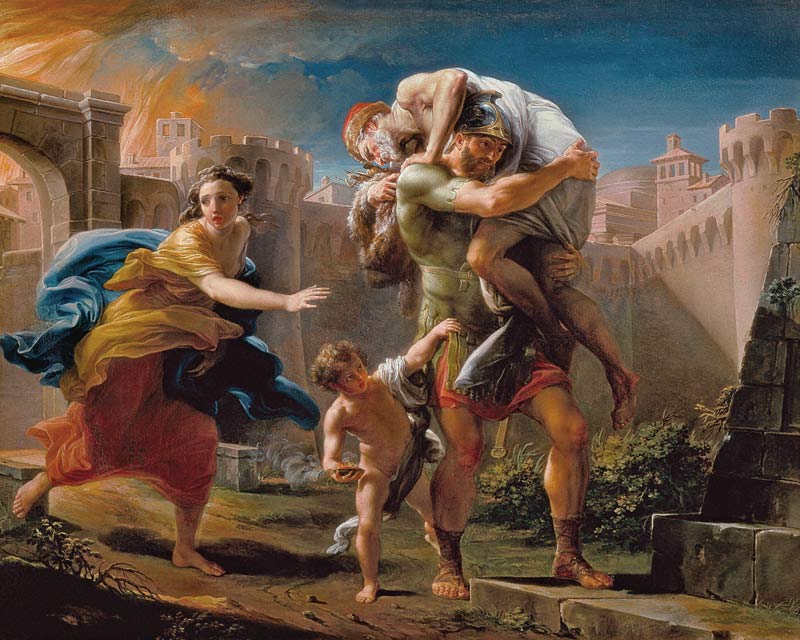 Aeneas and his family running away from the city of Troy de Pompeo Girolamo Batoni