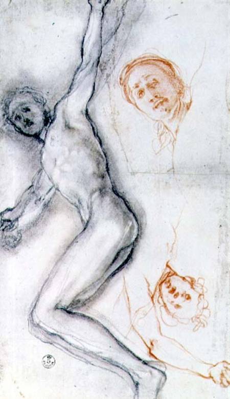 Study of Christ nailed to the cross, the head rehearsed twice (black and red de Pontormo,Jacopo Carucci da
