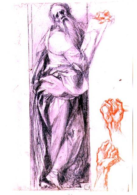 Study of St. John the Evangelist and two studies of fists (black and red chalk) de Pontormo,Jacopo Carucci da