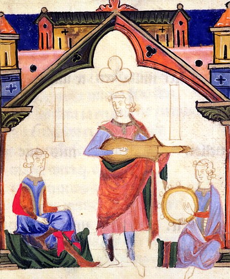 Fol.12v Musicians playing the guitar and tambourine, from the ''Chansonnier des Nobles'' de Portuguese School