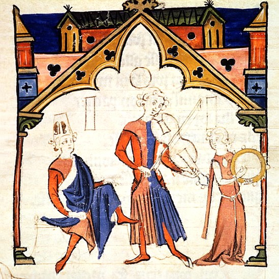 Fol.6r Musicians Playing a Viola and a Tambourine, from the ''Chansonnier des Nobles'' de Portuguese School