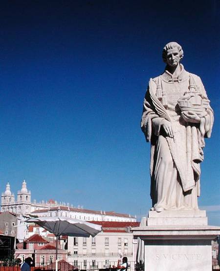 Statue of St Vincent with the Monastery of San Jeronimo in the background de Portuguese School