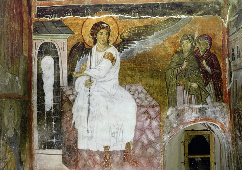 Engel am Grab Christi - Der weiße Engel am leeren Grab Christi und die Myrrhenträgerinnen (Myrrhopho de Prag Unbekannter Maler