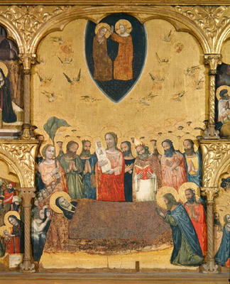 Polyptych of the Dormition of the Virgin, detail of the Dormition and Coronation (tempera on panel) de Pseudo Jacopino  di Francesco