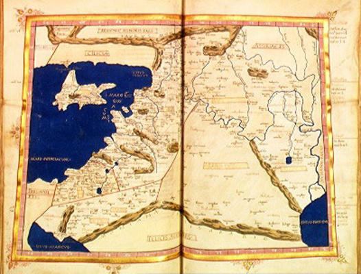 Ms Lat 463 f.111v-112r Map of Phoenicia, Mesopotamia and Babylon (vellum) de Ptolemy