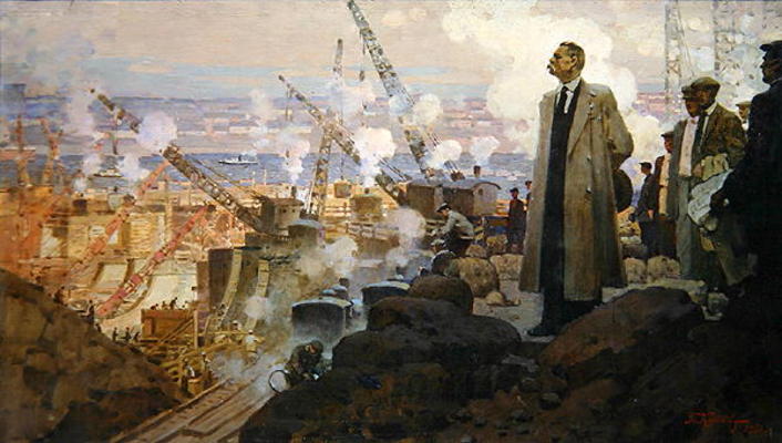 Maxim Gorky (1868-1936) at the Building of the Hydroelectric Power Plant 'DnieproGES', 1951 (oil on de Pyotr Ivanovich Kotov