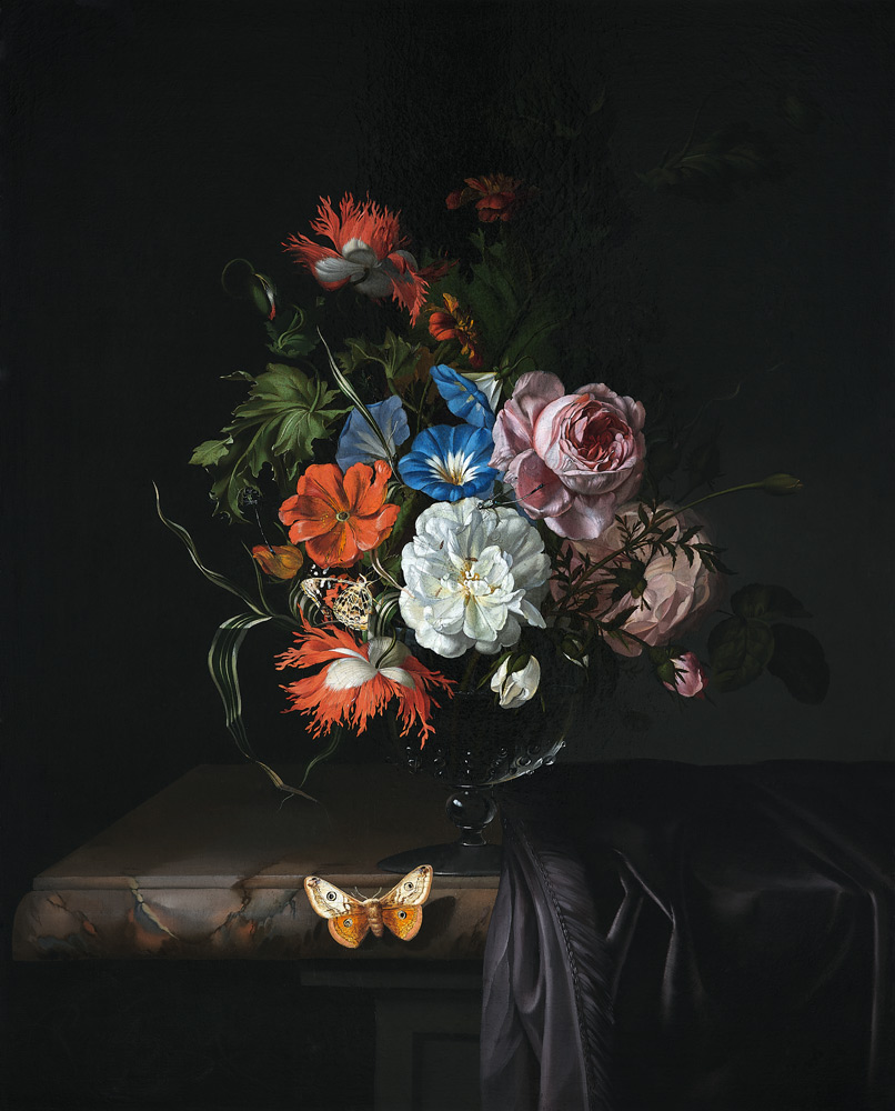 A Still Life of Flowers in a vase on a ledge de Rachel Ruysch