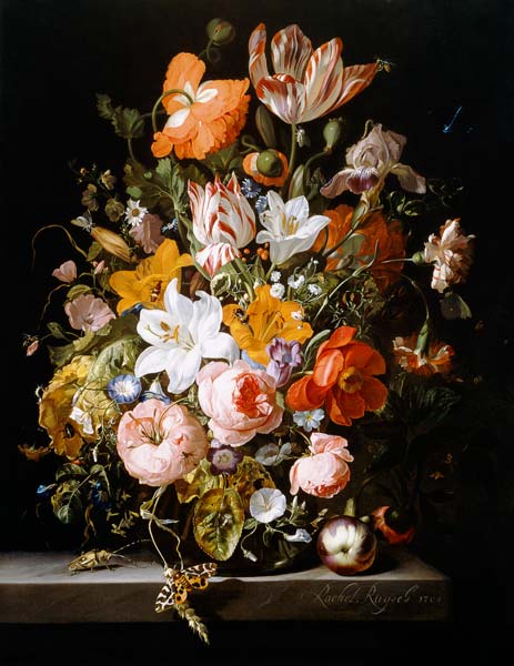 Still life of roses, lilies, tulips and other flowers in a glass vase with a Brindled Beauty on a st de Rachel Ruysch