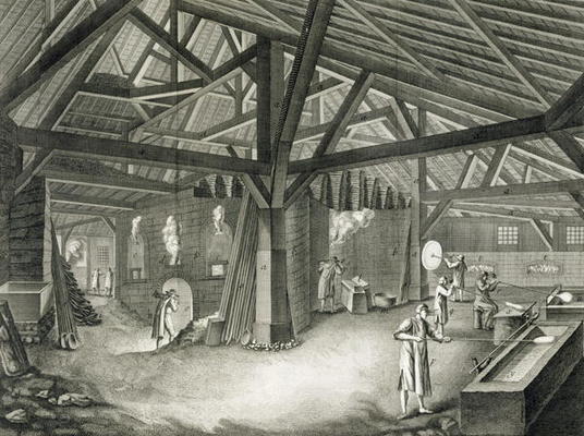 Glassmaking factory, from the 'Encyclopedia' by Denis Diderot (1713-84), engraved by Robert Benard ( de Radel