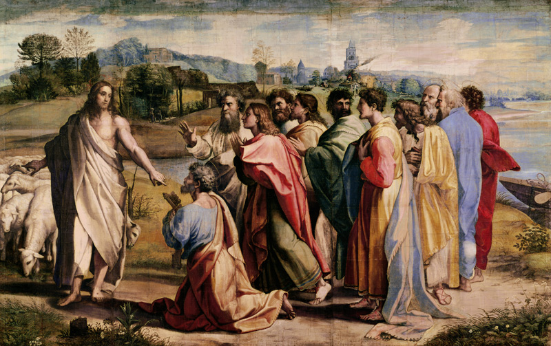 Christ's Charge to St. Peter (cartoon for the Sistine Chapel) (PRE RESTORATION) de Raffaello Sanzio