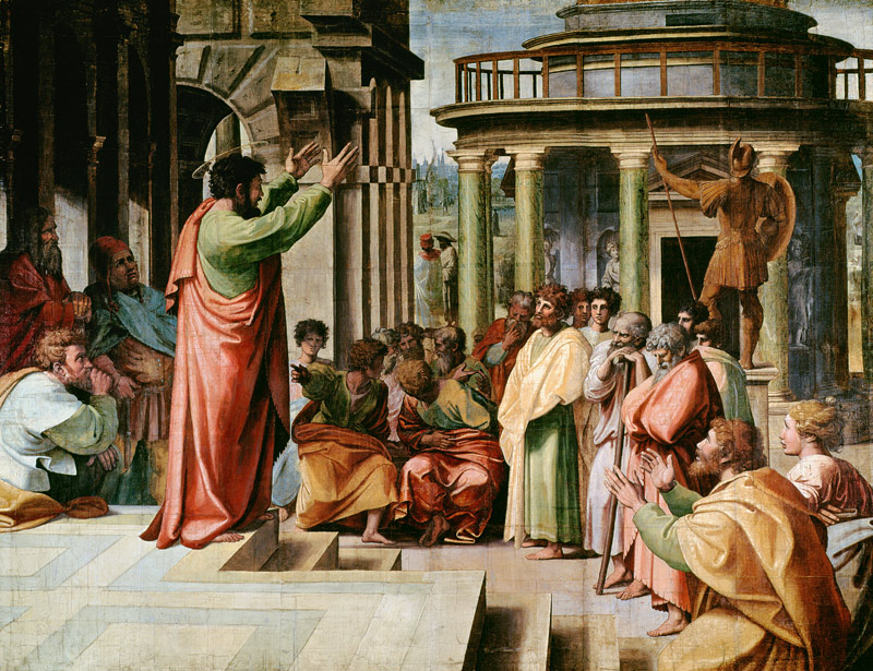 St. Paul Preaching at Athens (cartoon for the Sistine Chapel) (PRE RESTORATION) de Raffaello Sanzio