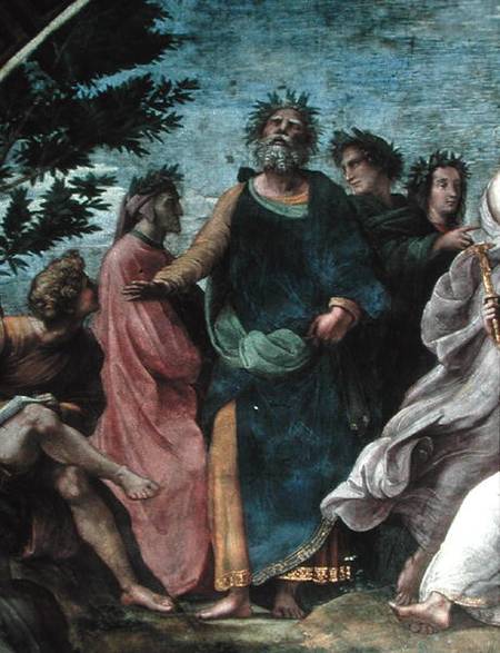 The Parnassus, detail of Homer, Dante and Virgil, in the Stanze della Segnatura de Raffaello Sanzio