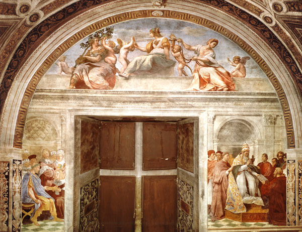 The Judicial Virtues: Pope Gregory IX approving the Vatical Decretals; Justinian handing the Pandect de Raffaello Sanzio