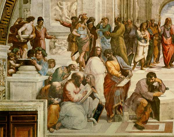 The School of Athens, detail from the left hand side showing Pythagoras surrounded by students and M de Raffaello Sanzio