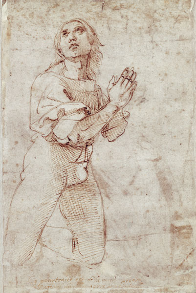 Figurenstudie of a praying young man. Drawing de Raffaello Sanzio