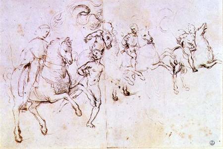 Study of four horsemen and a male nude for a 'Sacre Conversazione' (pen & ink) de Raffaello Sanzio
