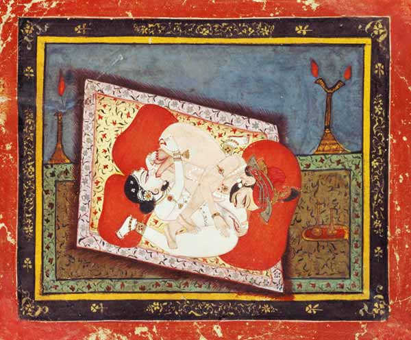 'The posture of the crow' from the Kama Sutra, ecstatic oral intercourse between a prince and a lady de Rajput School